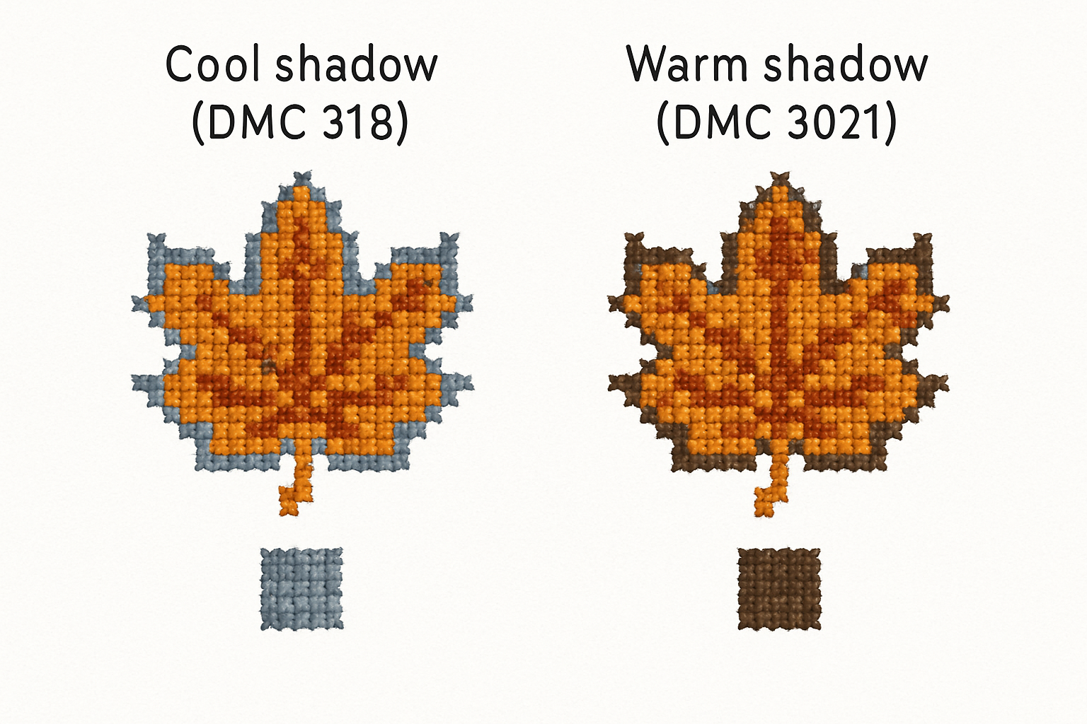 Two autumn leaf cross stitch motifs comparing cool grey shadow thread (DMC 318) versus warm brown-grey shadow (DMC 3021), showing the color temperature difference in context