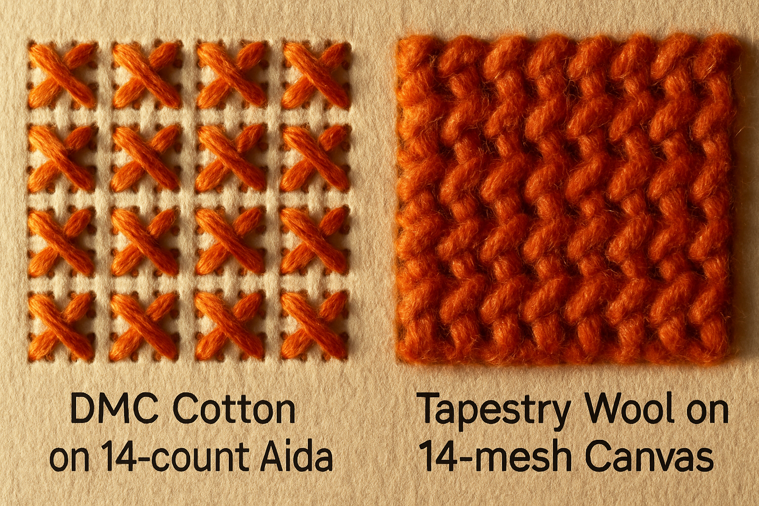Close-up comparison of DMC cotton cross stitch on 14-count Aida versus tapestry wool needlepoint on 14-mesh canvas, showing texture and color saturation differences in autumn orange thread