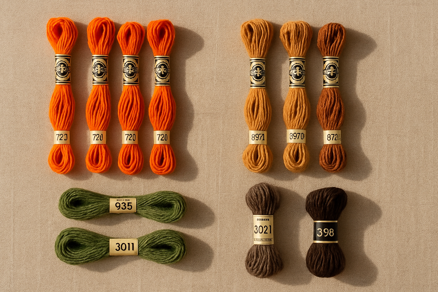Four groups of DMC floss skeins arranged by autumn color family: orange spice, golden brown, avocado green, and dark grounders