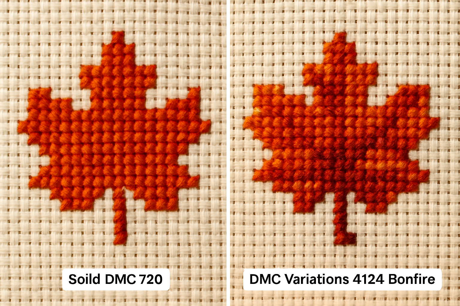 Autumn leaf cross stitch motif stitched in solid DMC 720 compared to the same motif in variegated DMC Color Variations 4124 Bonfire