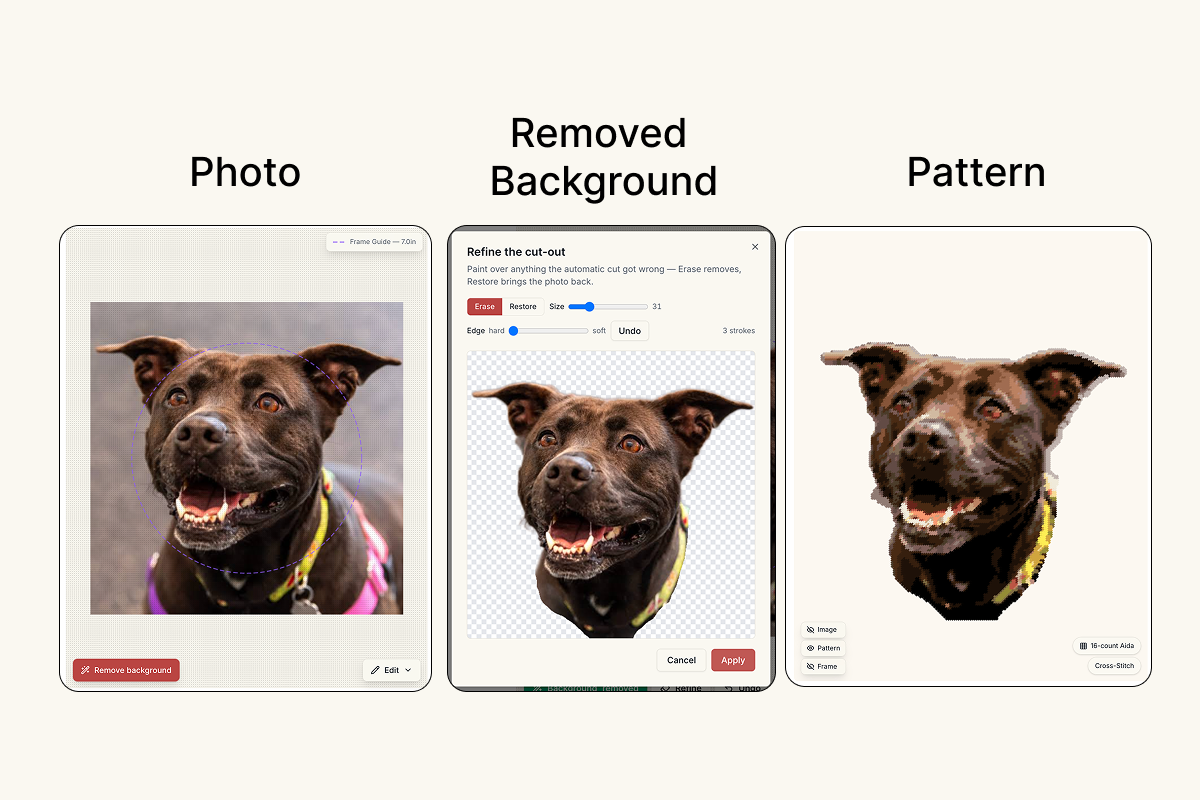 A pet photo with a busy background, the same photo with the background removed, and the cross stitch pattern made from the cut-out