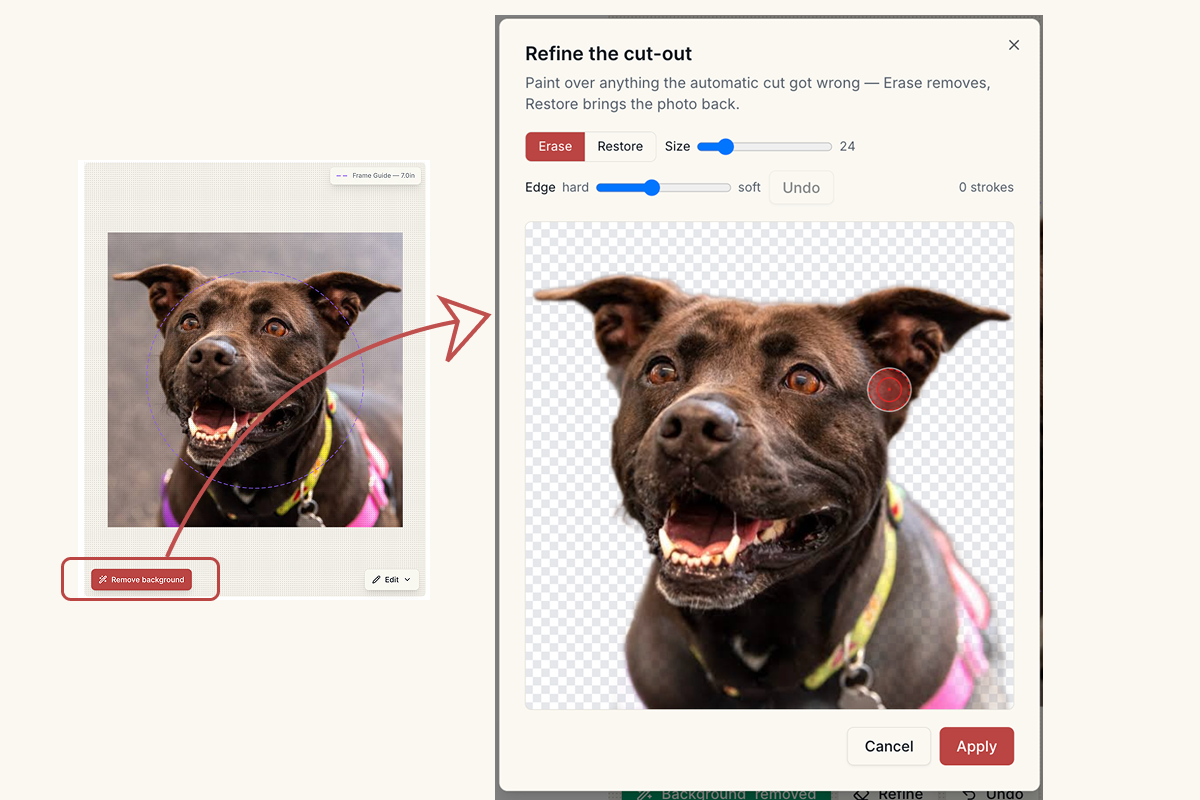 The Photo2Stitch Refine dialog with the Erase brush on the edge of a dog's ear and the brush size and edge settings