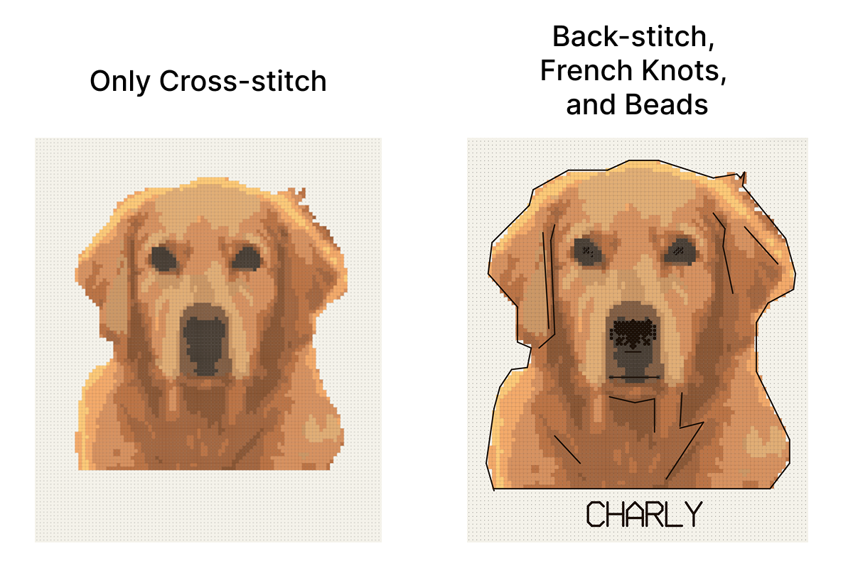 The same dog cross stitch pattern without and with a backstitch outline and French knot eye highlights