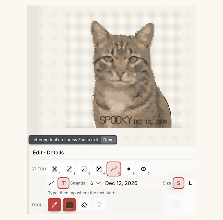 Cross stitch portrait pattern with a name and date in backstitch lettering below it on the Digital Canvas