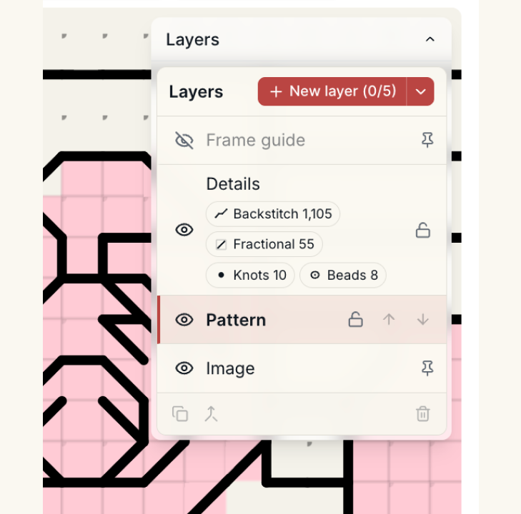 Layers panel showing the Details layer with separate chips for backstitch, fractional stitches, knots and beads