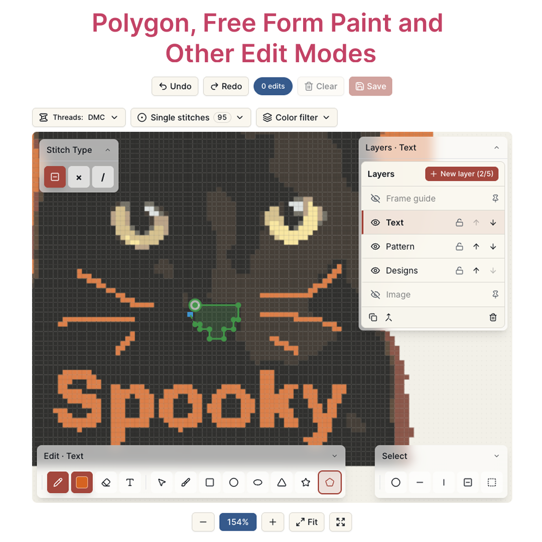 Digital Canvas showing the polygon tool drawing a rectangular border around a cross stitch photo pattern