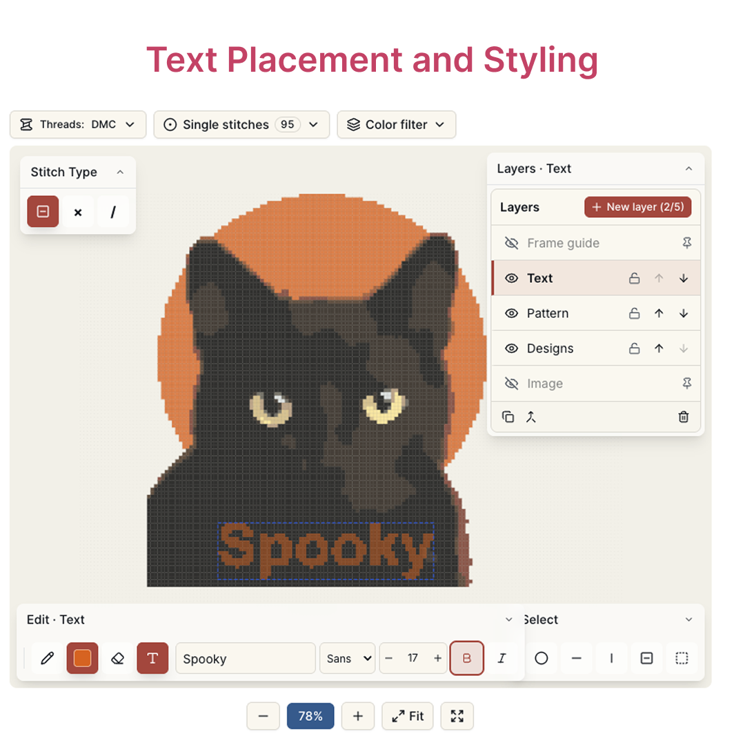 Digital Canvas showing the text tool placing a name in cross stitch letters below a photo portrait pattern