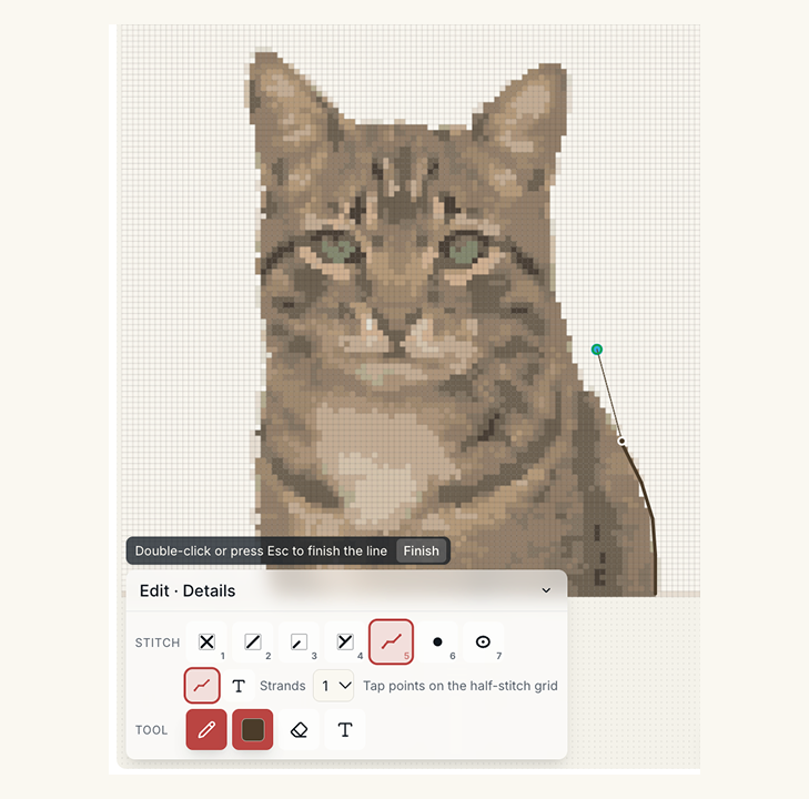 Digital Canvas Edit toolbar with the Stitch row, Backstitch selected at two strands, and an outline being drawn on the pattern