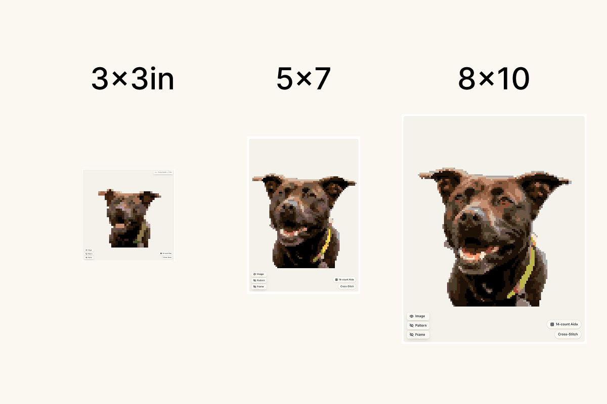One pet photo charted as a 3-inch ornament, a 5 by 7 inch piece and an 8 by 10 inch piece, shown to scale with their stitch counts