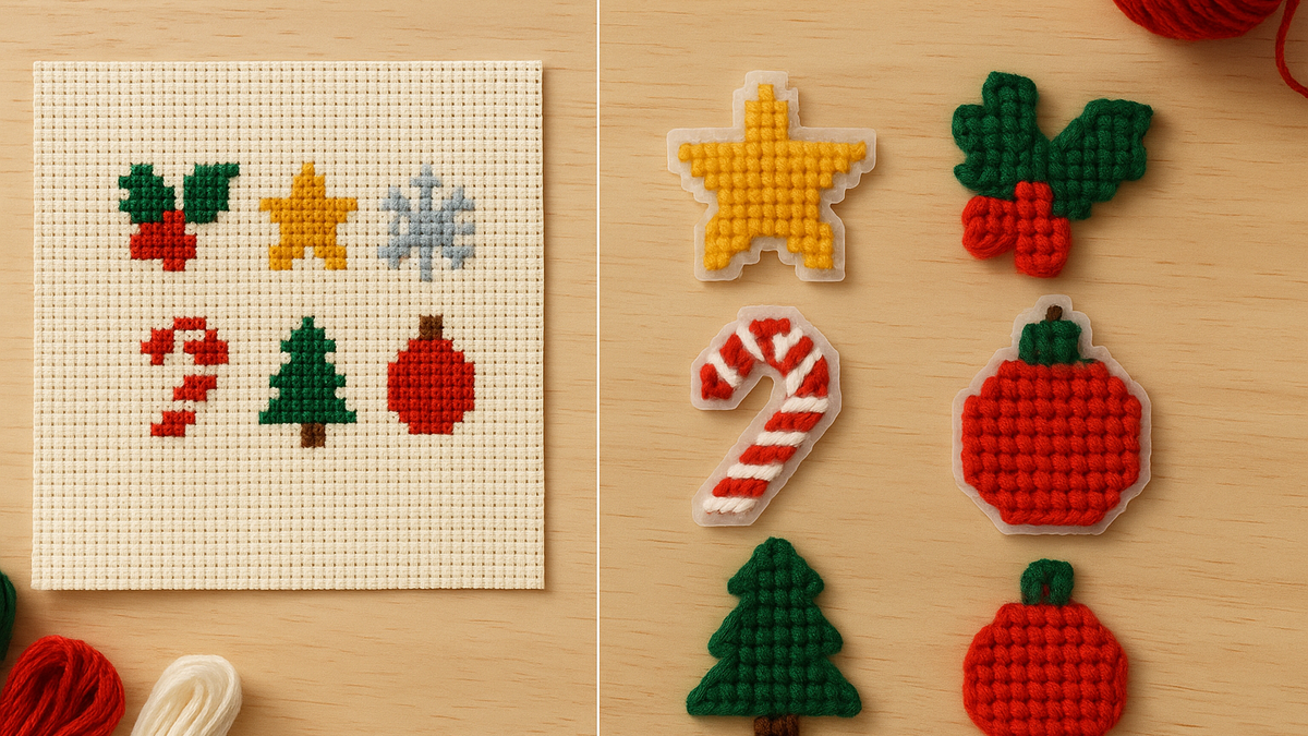 Six small Christmas motifs stitched on Aida and the same motifs in yarn on plastic canvas