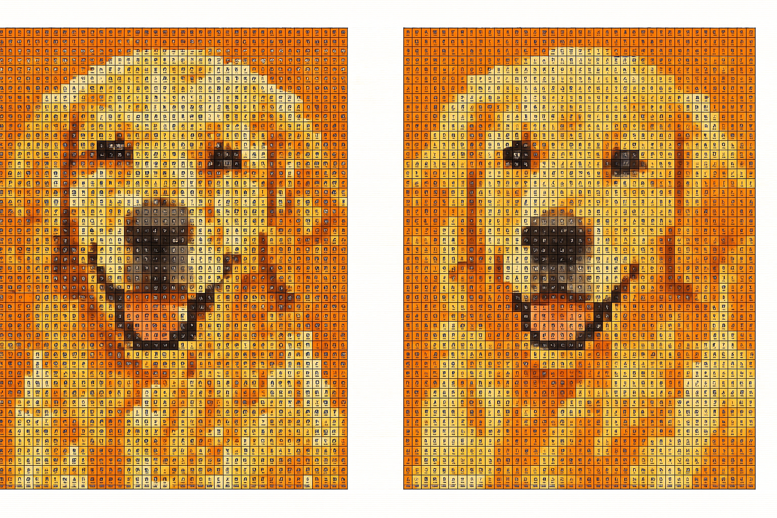 Two cross stitch patterns of a golden retriever side by side — the left shows heavy confetti scatter, the right shows the same pattern after confetti reduction