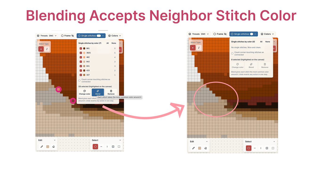 Blend edit example, stitch absorbed into neighboring color region