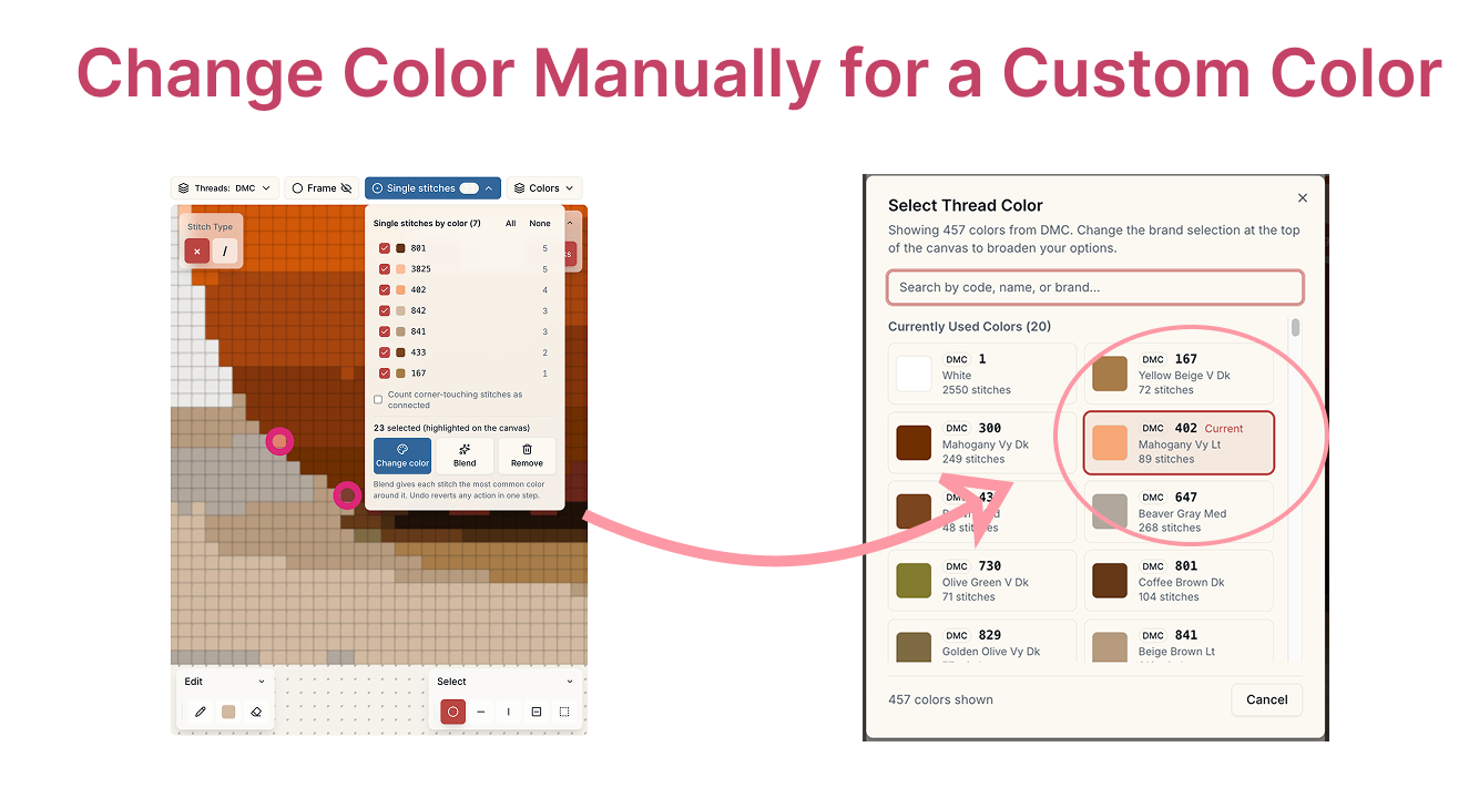 Color reassignment example, stitch changed to a color already in the surrounding run