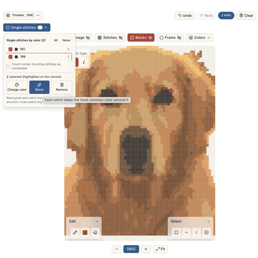 Digital Canvas showing a single stitch selected with the action dropdown open, displaying Delete, Blend, and Change color options