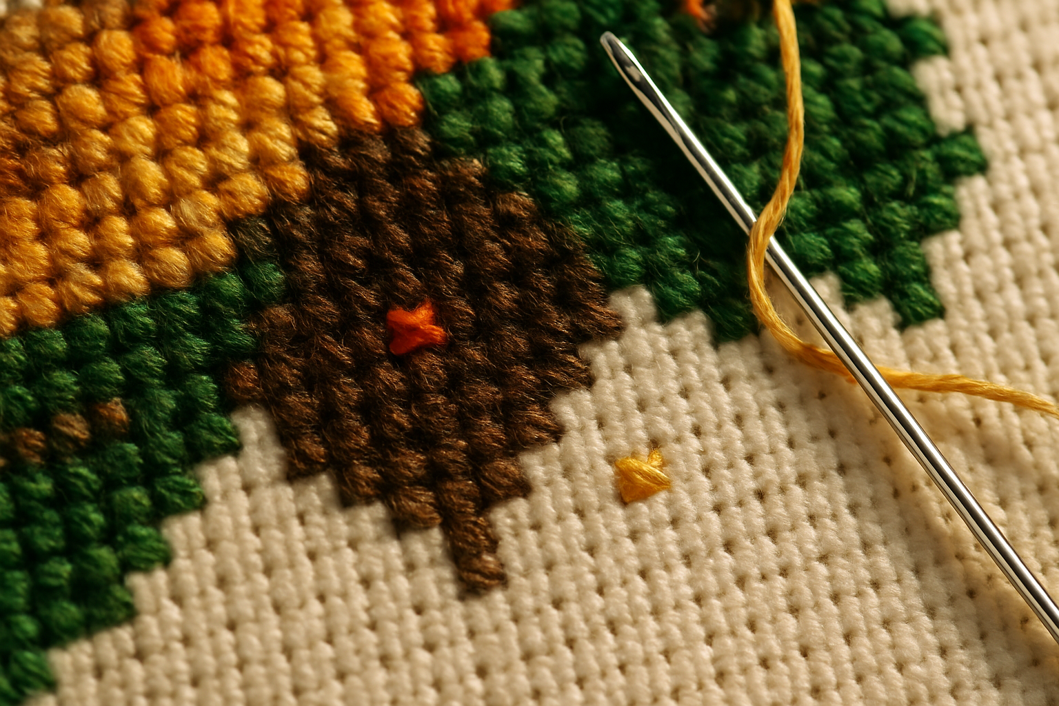Close-up of cross stitch fabric showing isolated single-color stitches surrounded by a different color, illustrating confetti stitches