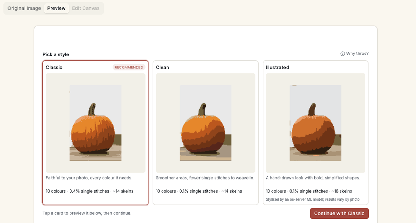 Editor preview showing multiple pattern options with single-stitch percentage displayed for each