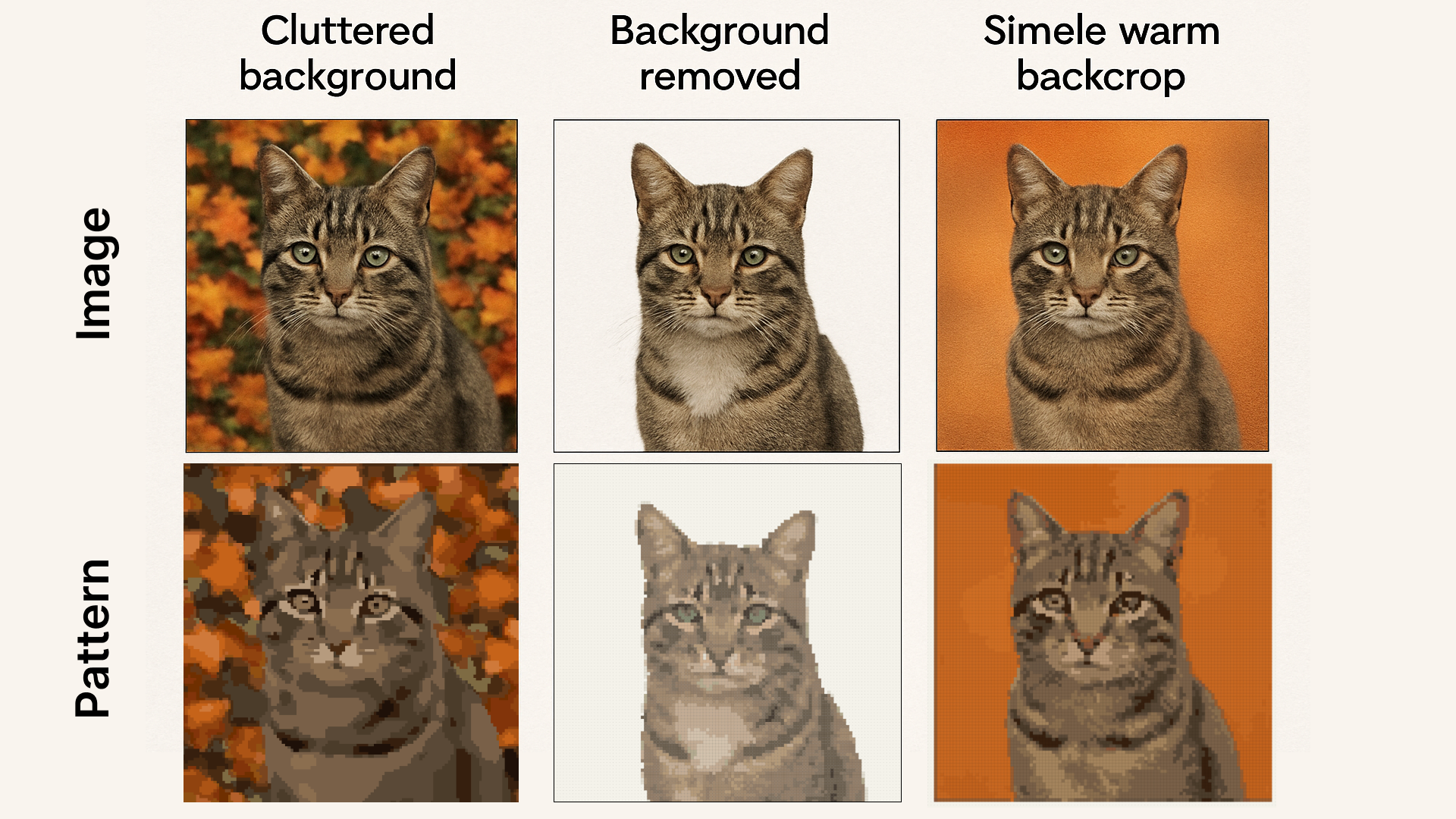Three autumn cat photos compared: cluttered leaf background, background removed, and simple warm backdrop — each showing the resulting cross stitch pattern