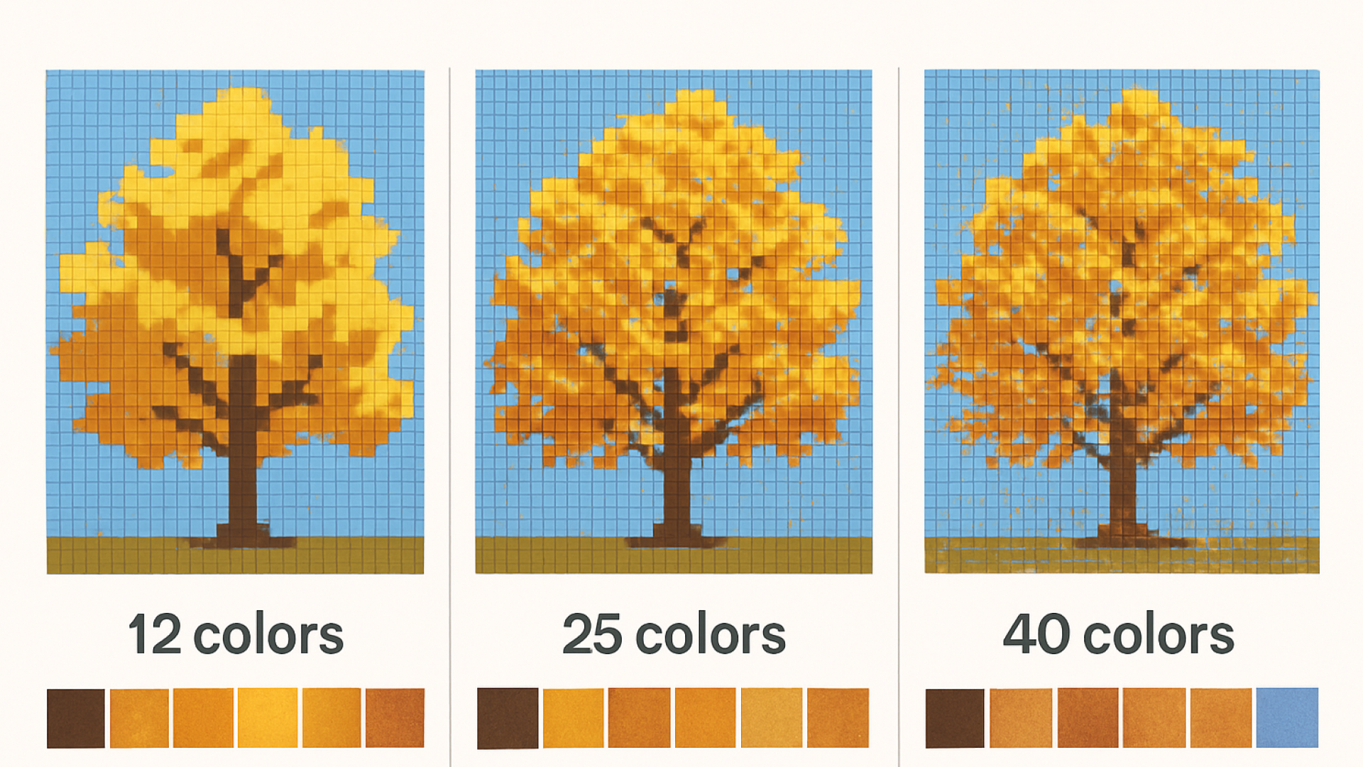 The same autumn tree photo converted at 12, 25, and 40 DMC colours showing how colour count affects detail and confetti in a cross stitch pattern