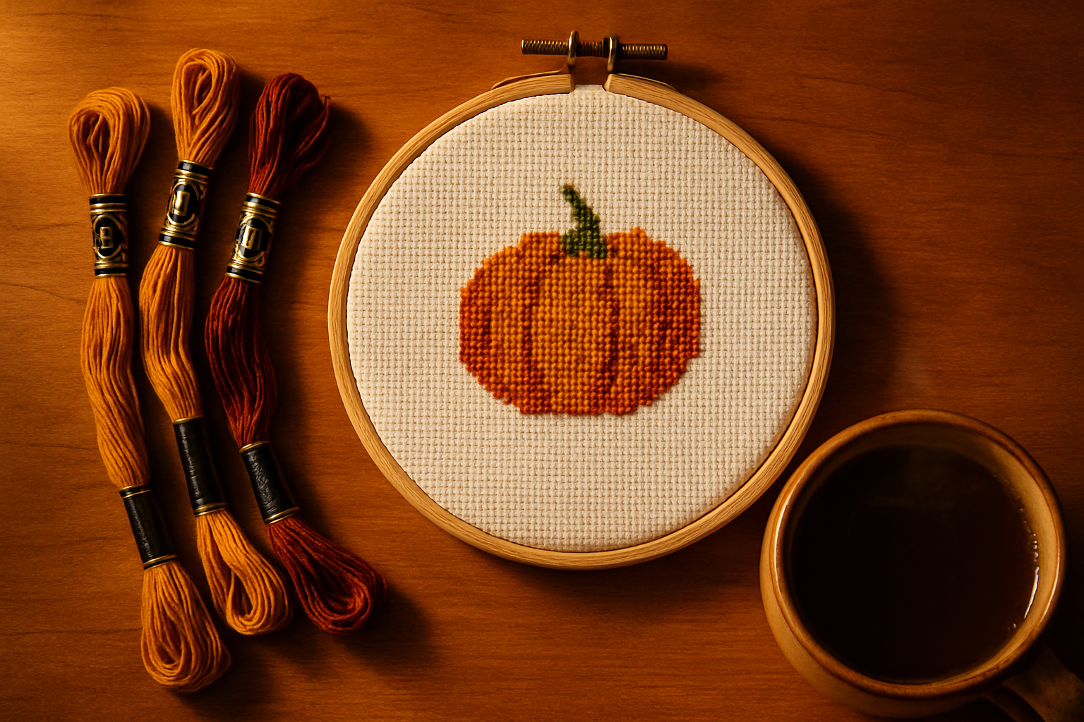 A cozy autumn cross stitch setup with an embroidery hoop, burnt orange and golden brown DMC floss skeins, and a mug of tea on a wooden surface
