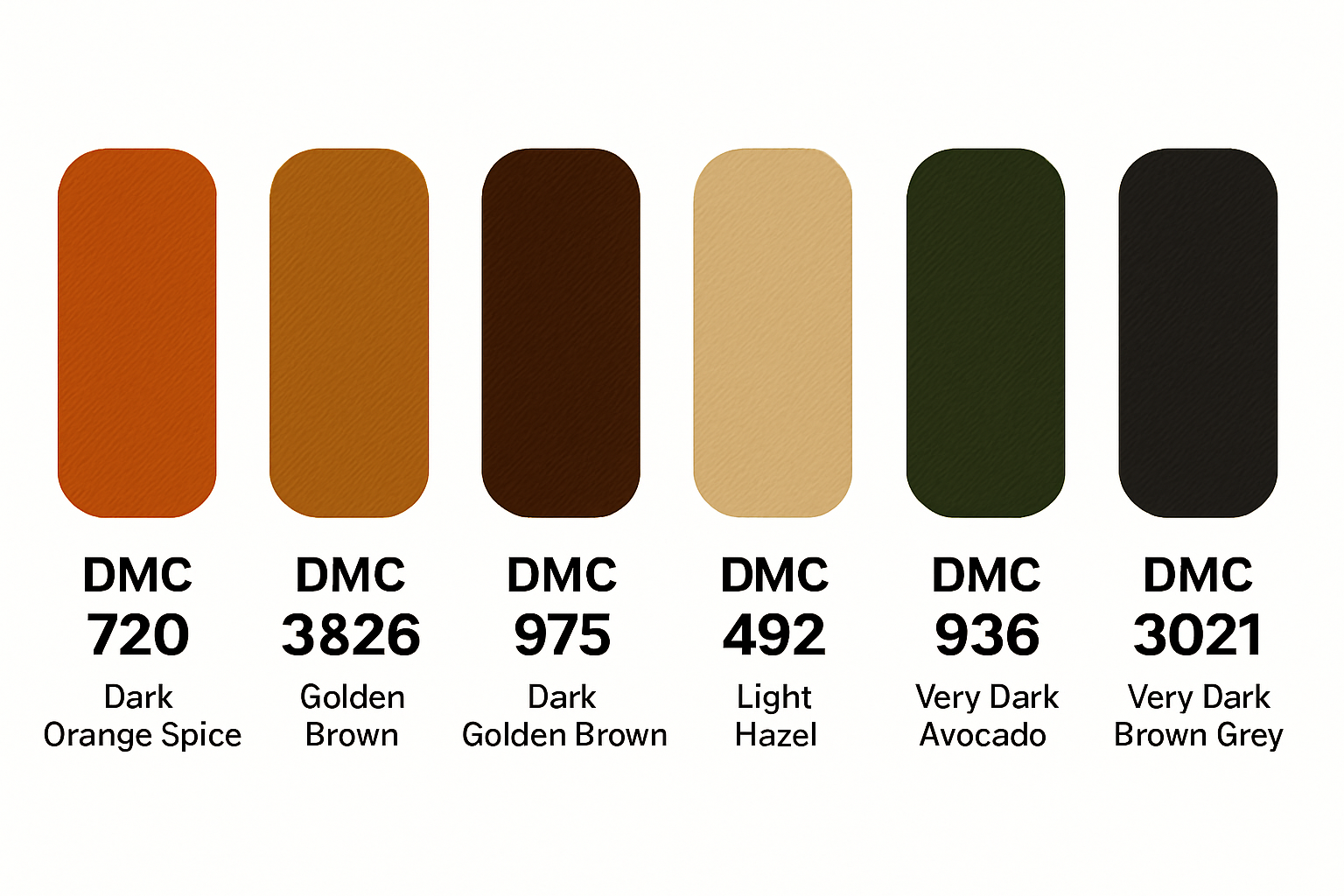 Six DMC autumn thread color swatches: 720 Dark Orange Spice, 3826 Golden Brown, 975 Dark Golden Brown, 422 Light Hazel, 936 Very Dark Avocado Green, 3021 Very Dark Brown Grey