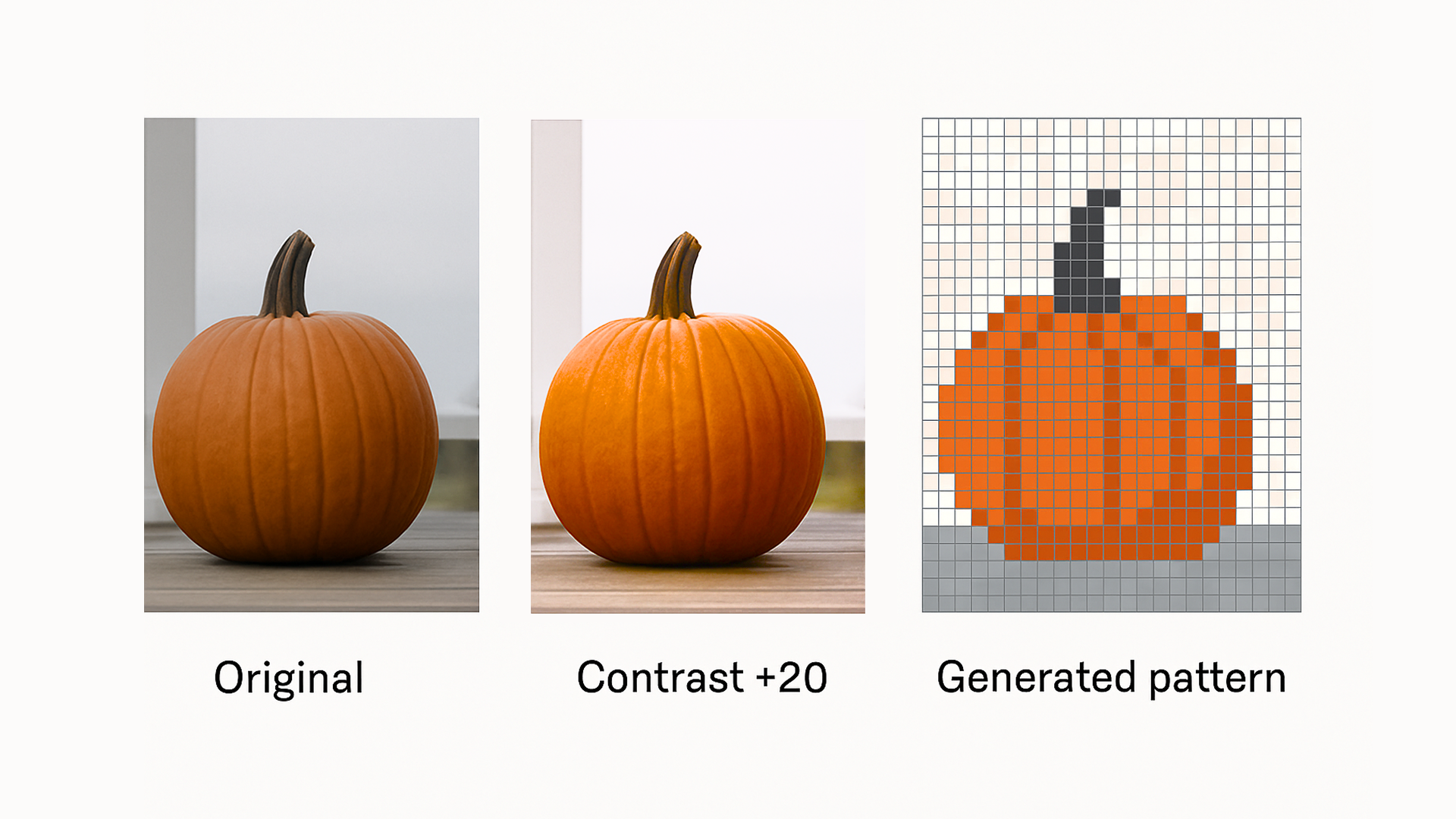 Three versions of an autumn pumpkin photo showing the effect of contrast adjustment before cross stitch pattern conversion: original flat light, contrast boosted, and the resulting clean pattern