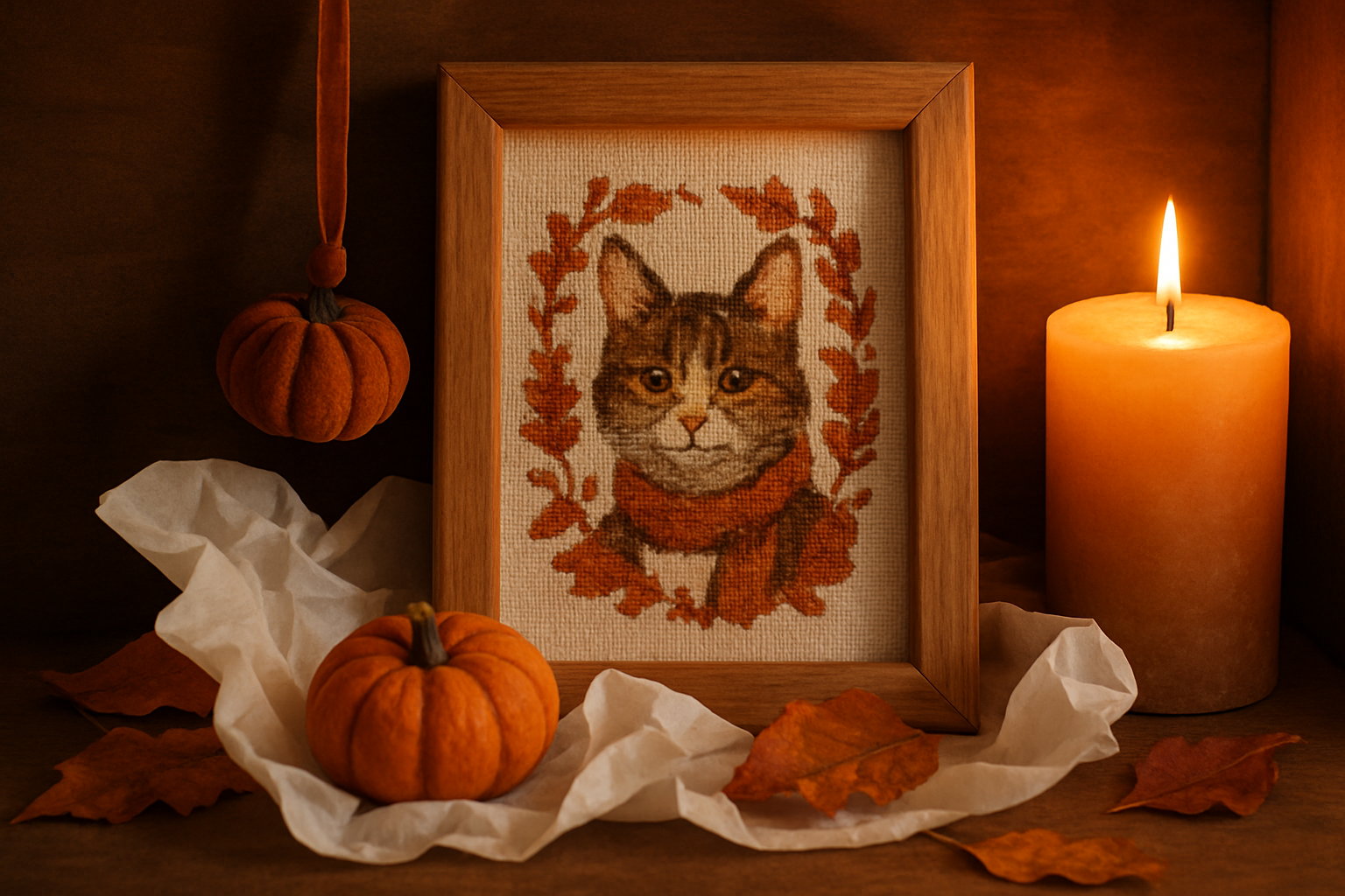 A framed autumn cross stitch piece and a small ornament presented as gifts with autumn leaves and a candle in the background