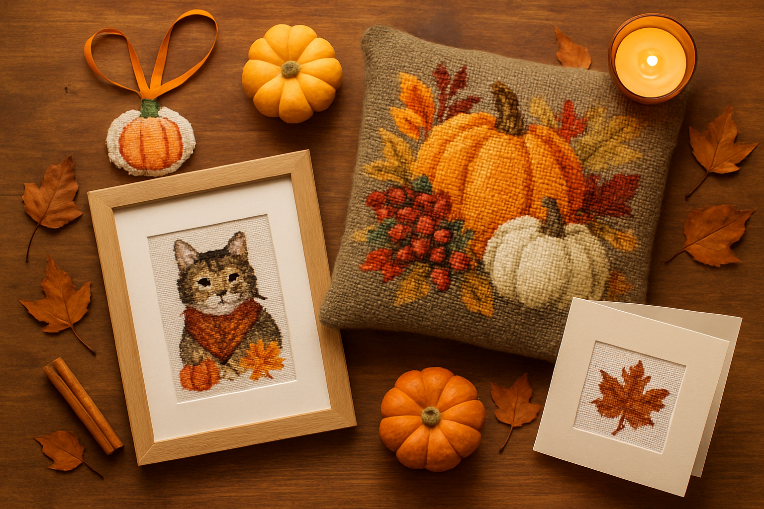 Four finished cross stitch gift forms: a small pumpkin ornament, a framed autumn pet portrait, a needlepoint harvest pillow, and a stitched aperture card