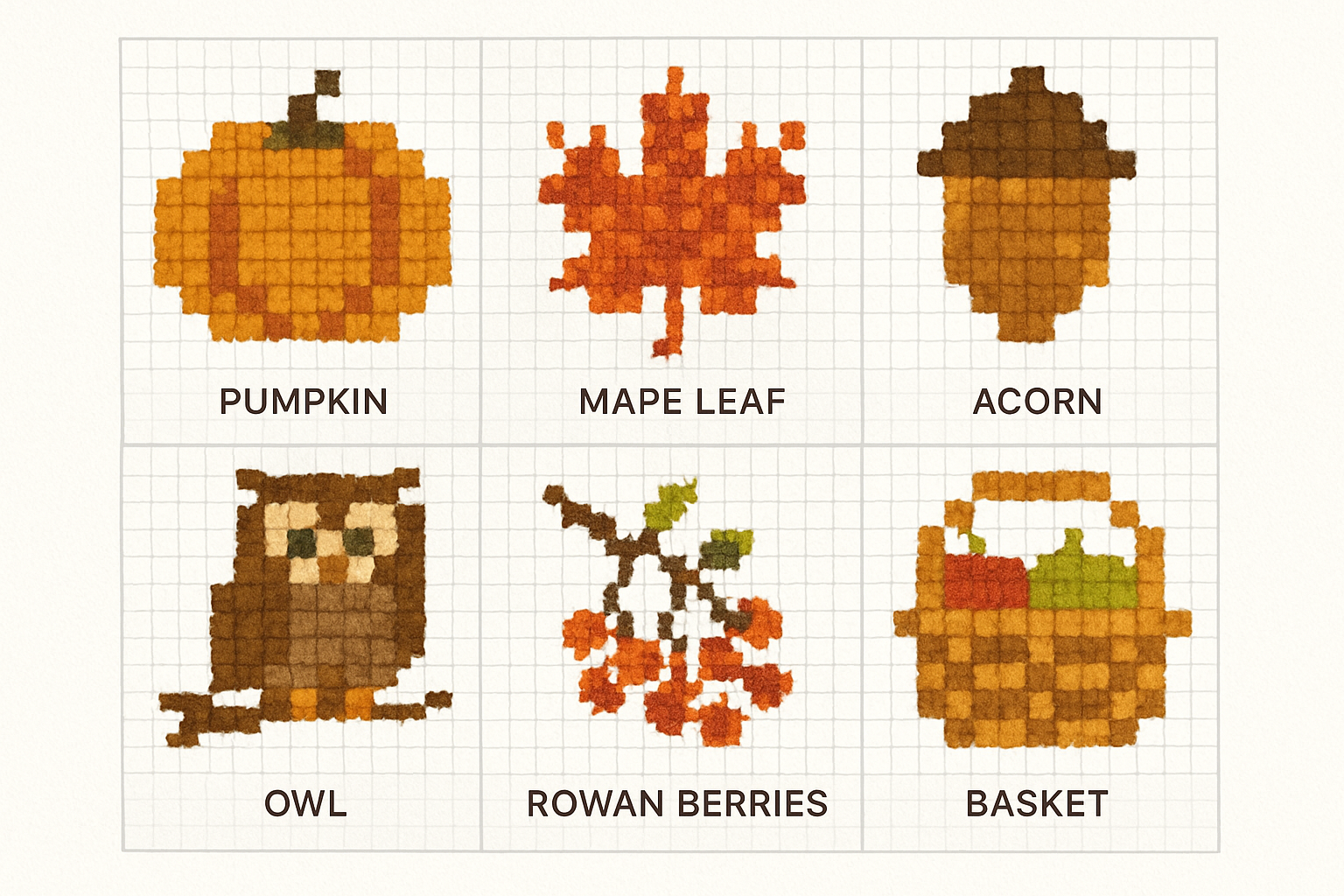 Six autumn cross stitch pattern motifs shown as counted charts: pumpkin, maple leaf, acorn, owl on branch, berry sprig, and harvest basket