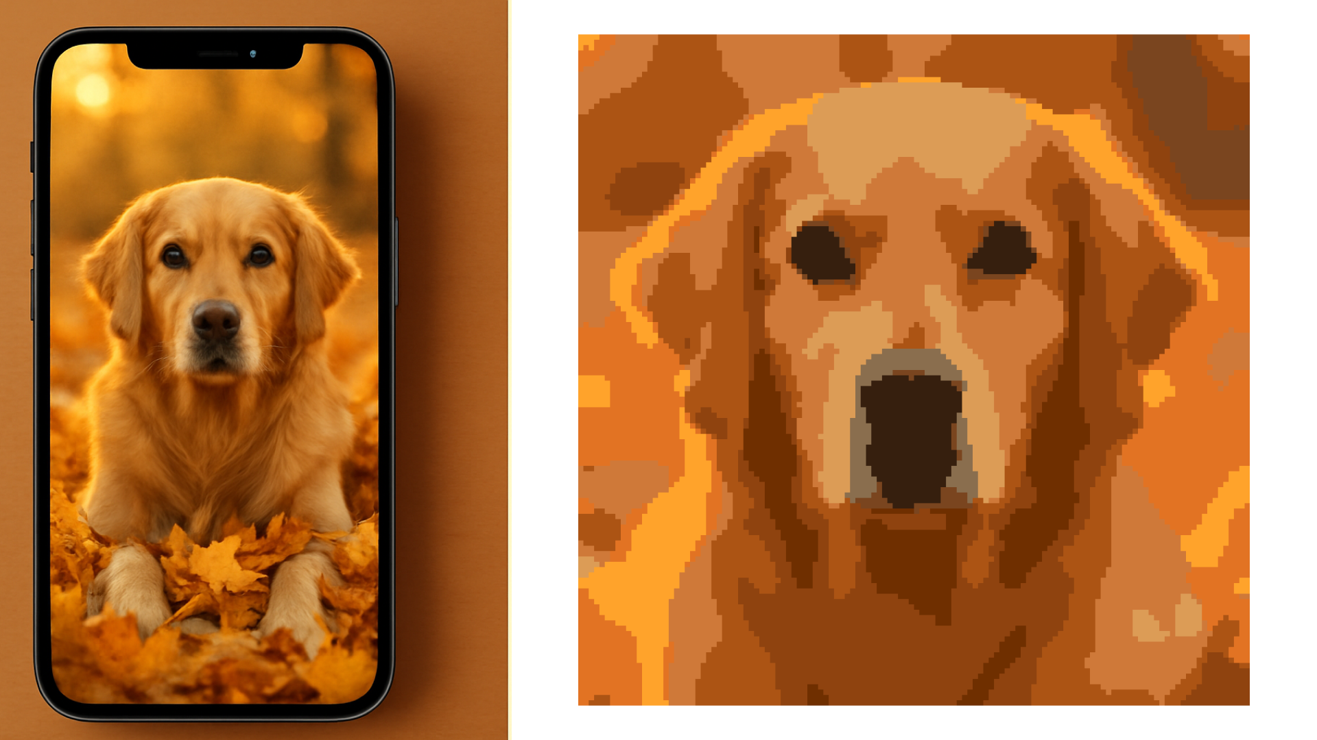 An autumn photo of a golden retriever in maple leaves alongside the cross stitch pattern generated from it, showing warm DMC autumn colors