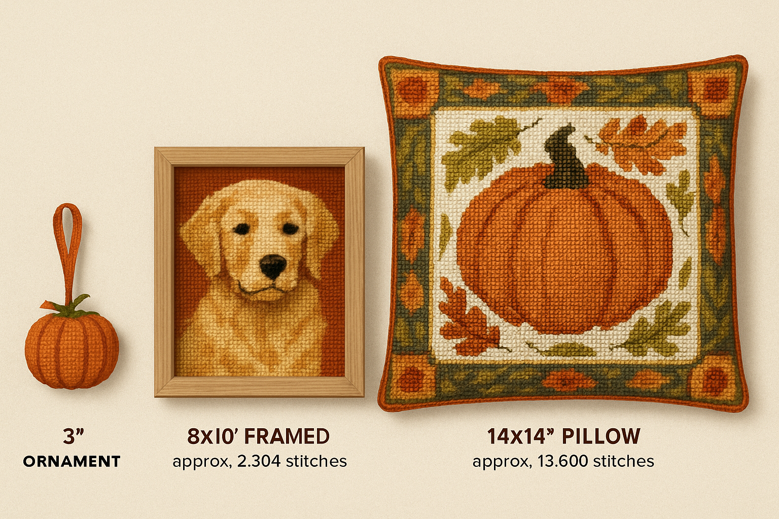 Four autumn needlework pieces shown at relative scale: a small ornament, a framed piece, a portrait, and a needlepoint pillow, with stitch counts labeled