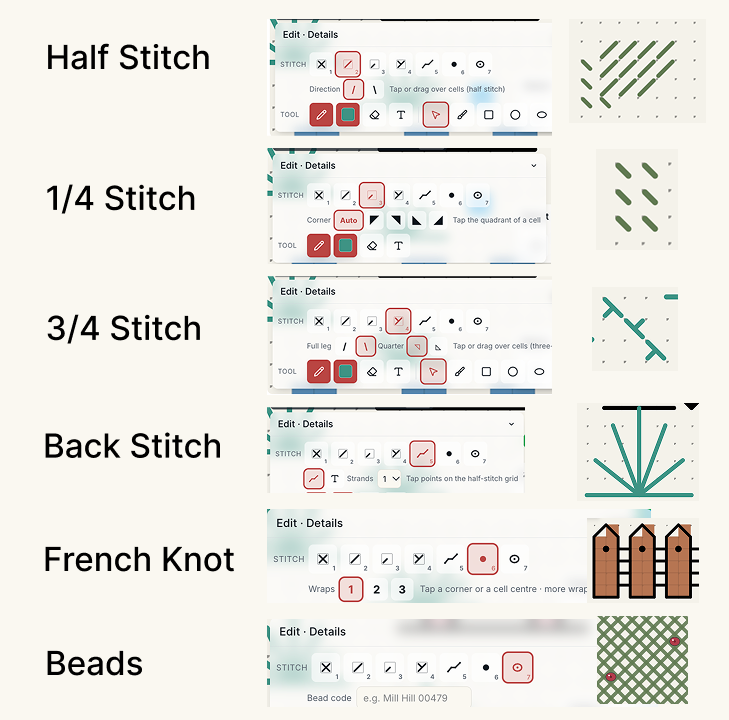 Half, quarter and three-quarter stitches shown in Blocks view as triangles and in Stitched view as individual legs