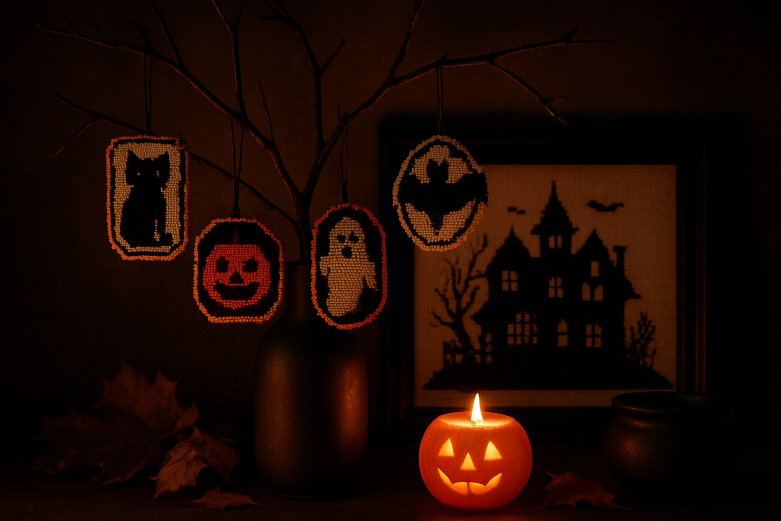 A Halloween cross stitch and needlepoint display with ornaments on a branch, a framed haunted house, a lit pumpkin candle, and autumn leaves