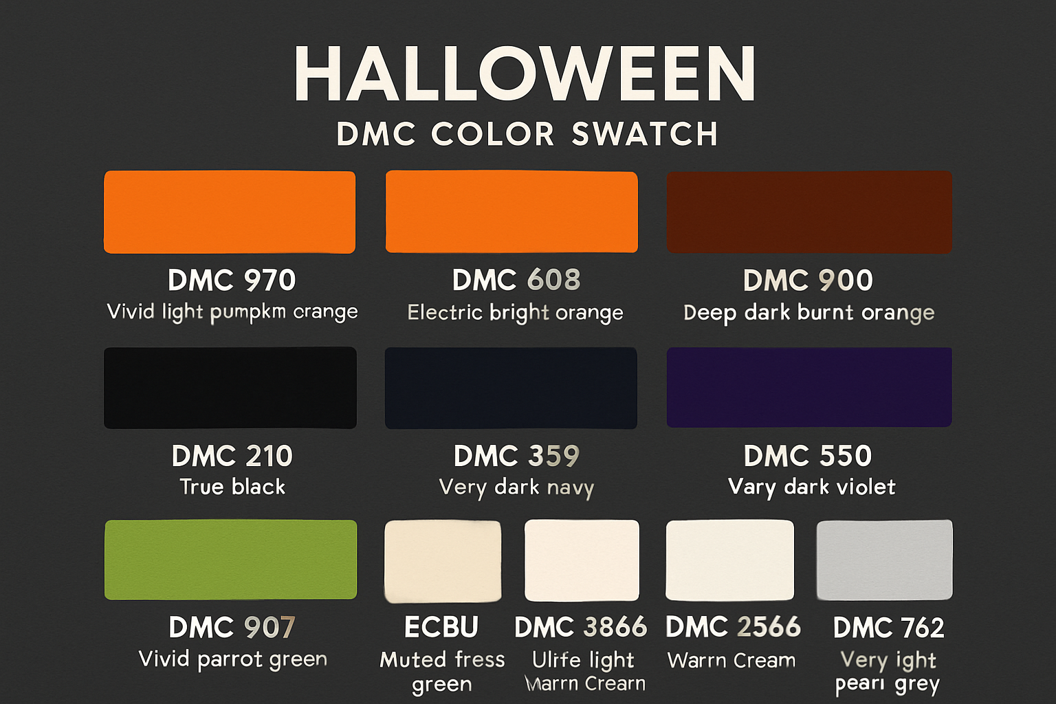 Halloween cross stitch DMC color swatch card showing orange, dark, purple, green, and ghost/bone thread families with DMC numbers