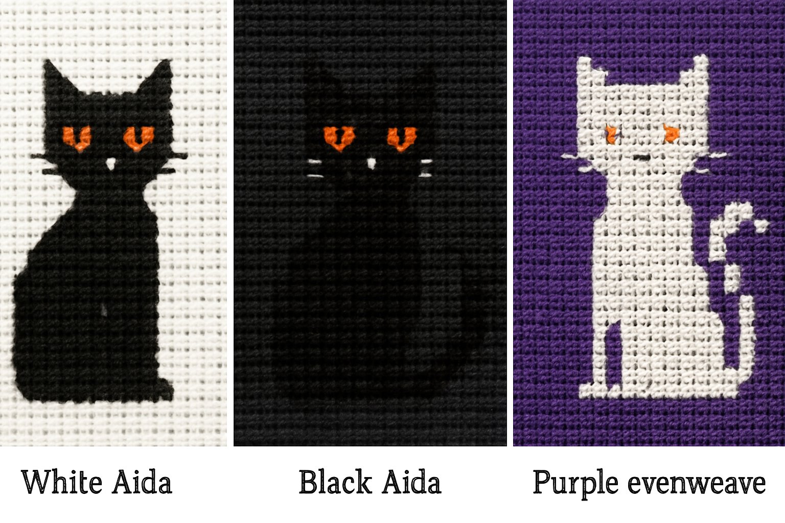 The same Halloween black cat cross stitch motif stitched on white Aida, black Aida, and purple evenweave, showing how background fabric color changes the mood of the finished piece