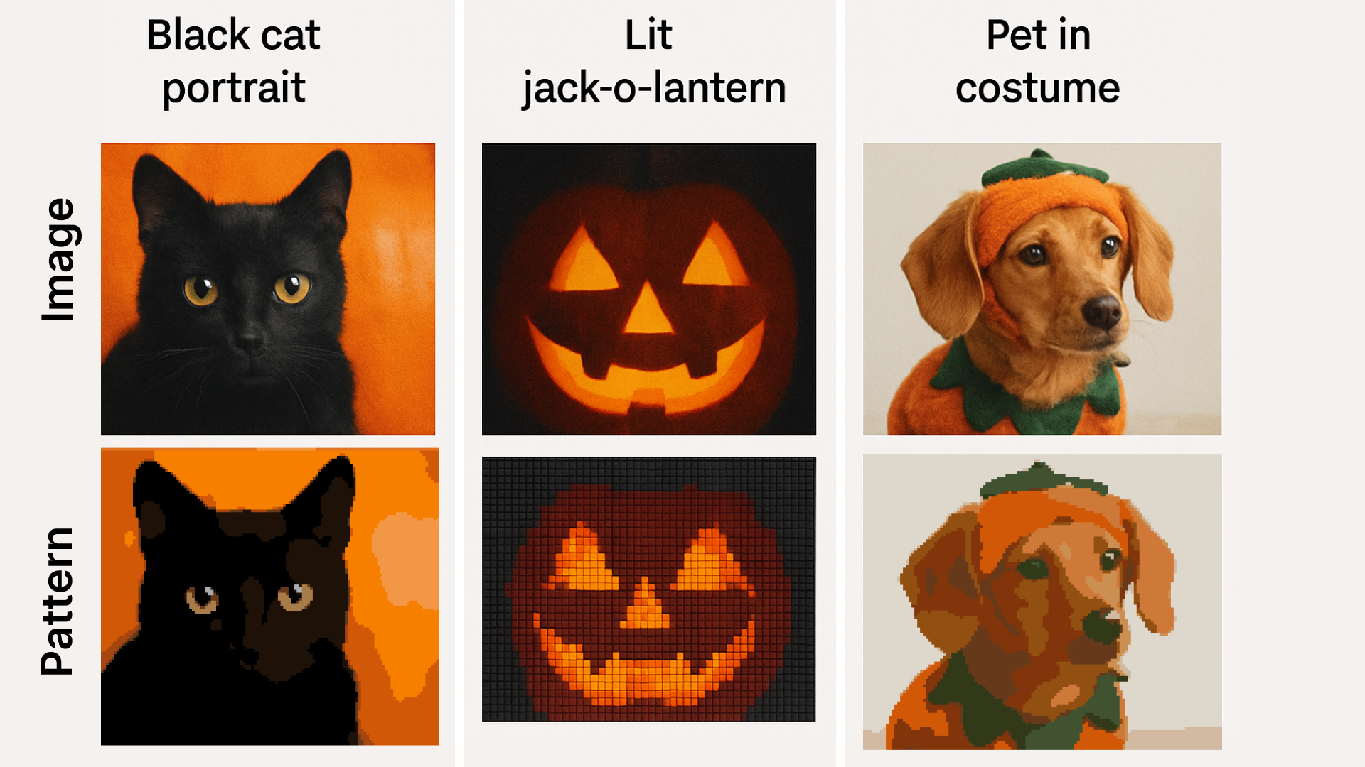 Three Halloween photo-to-cross-stitch examples: a black cat against a pumpkin, a glowing carved jack-o-lantern, and a dog in a pumpkin costume