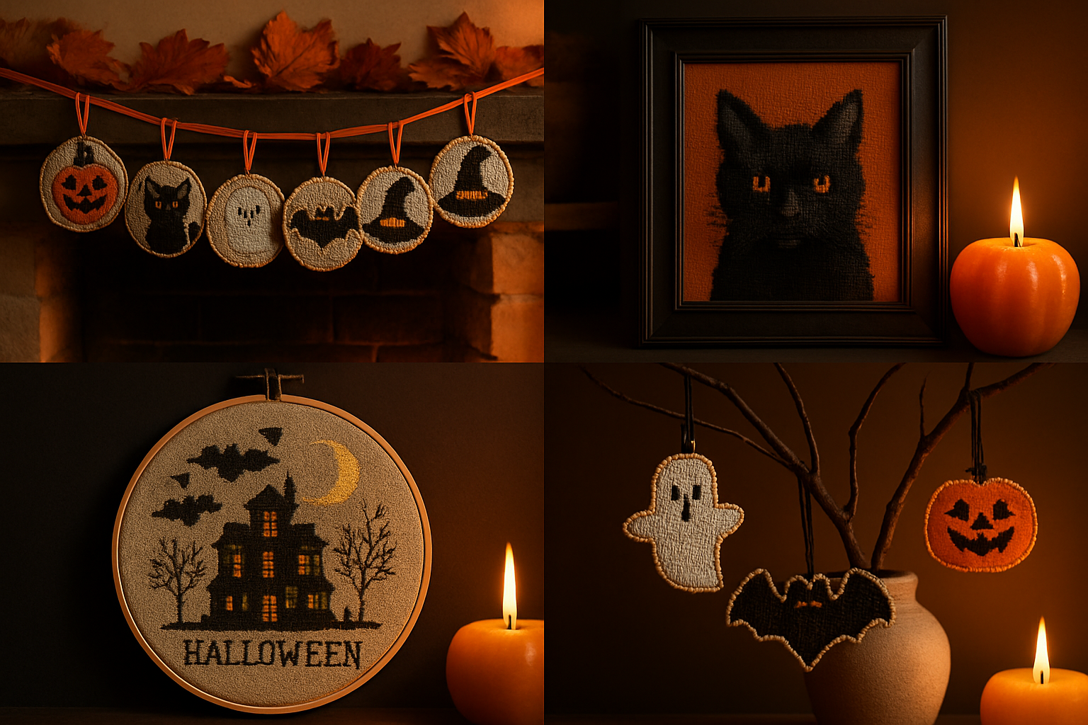 Four Halloween cross stitch project ideas: a mini ornament garland, a framed black cat photo portrait, a Halloween sampler in a hoop, and needlepoint ornaments on a dark branch