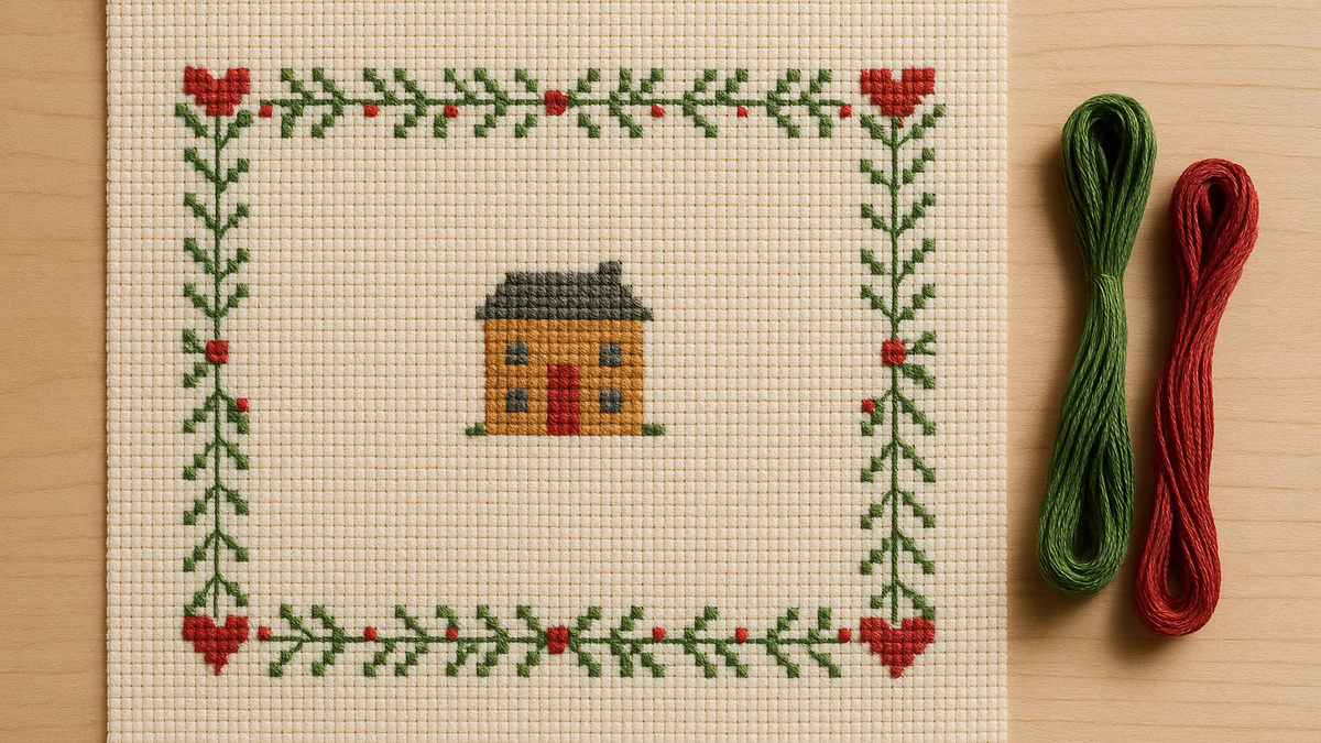 A finished cross stitch piece with a border made from one small motif repeated along each side, and the same corner motif turned for each corner
