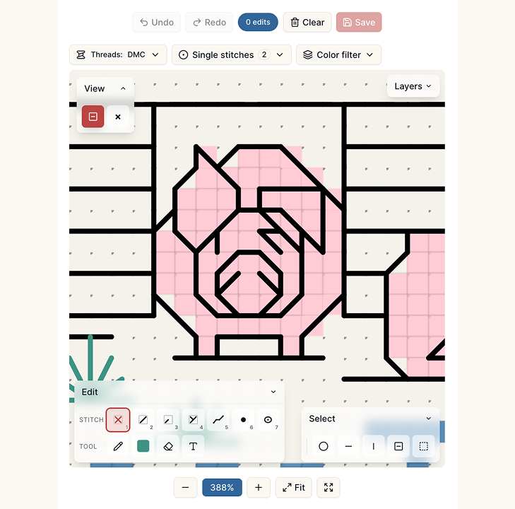 Digital Canvas showing an imported cross stitch pattern of a pig with backstitch outlines around its face