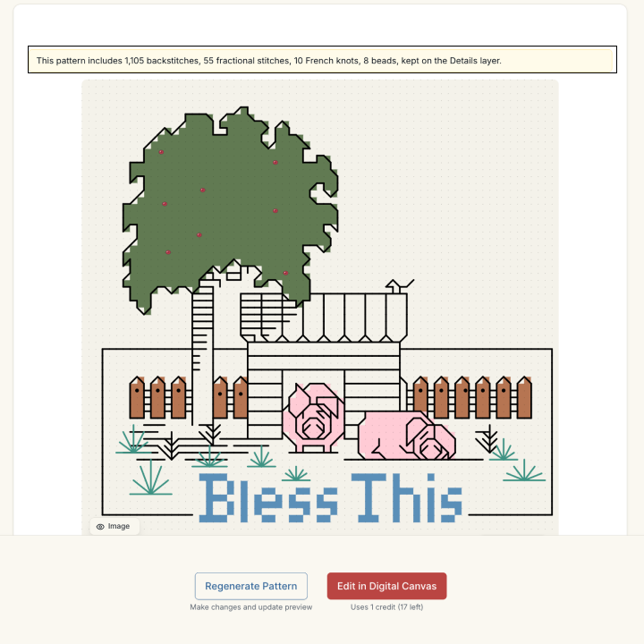 Free pattern preview of an imported OXS file with a notice listing 1,105 backstitches, 55 fractional stitches, 10 French knots and 8 beads