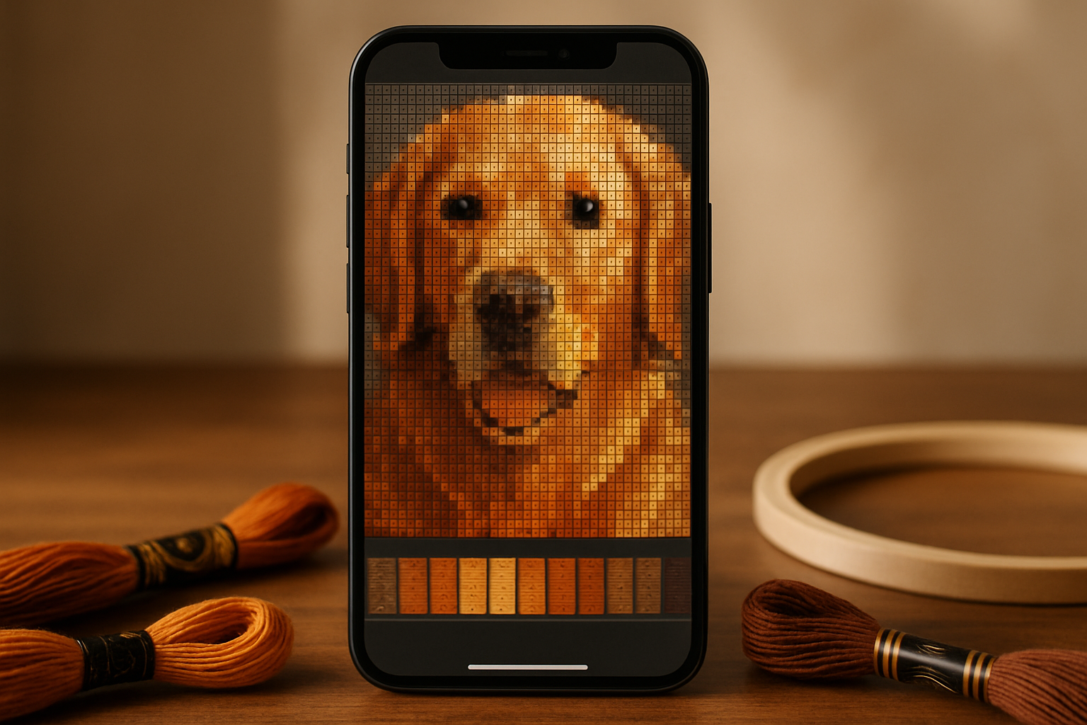 A smartphone showing a photo cross stitch chart app with one colour highlighted, surrounded by DMC floss skeins on a wooden surface