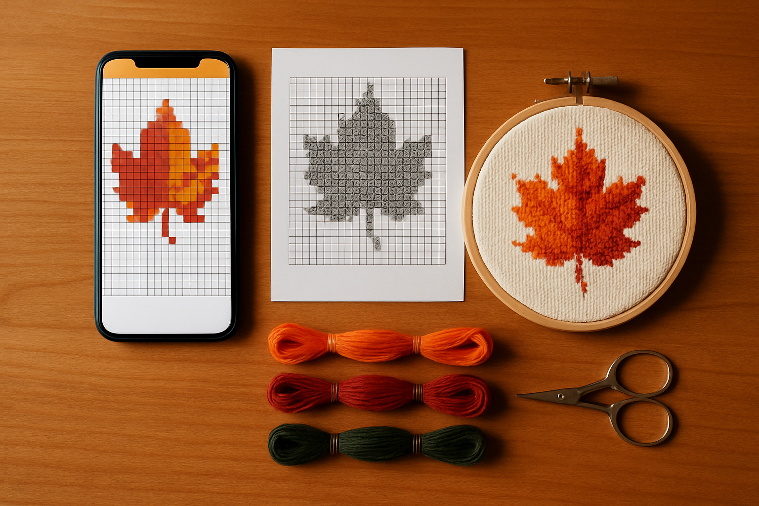 Overhead flat-lay of a phone showing a highlighted cross stitch chart, an embroidery hoop, printed A4 chart pages, and DMC floss skeins on a wooden surface