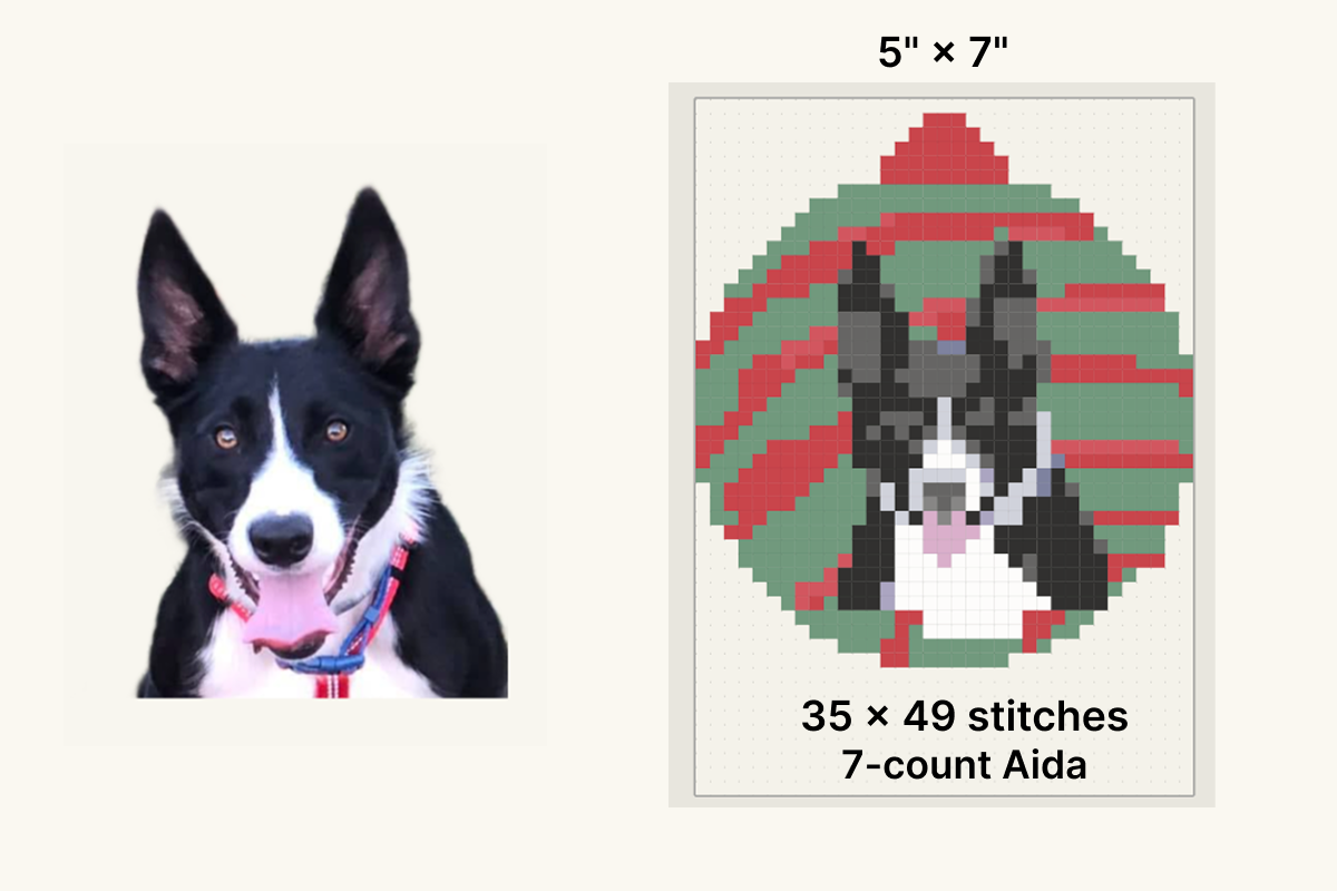 A dog photo with the background removed next to its 28 by 28 stitch plastic canvas ornament chart with eight colors